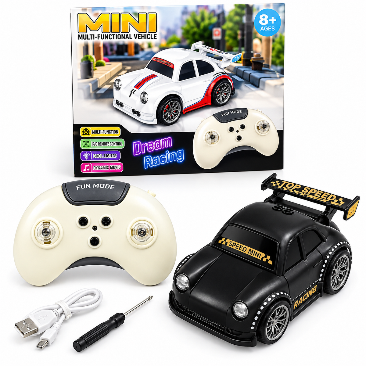 Mini Dream Racing RC Car - Multi-Functional Remote Control
Car with LED Lights, Music &
USB Rechargeable