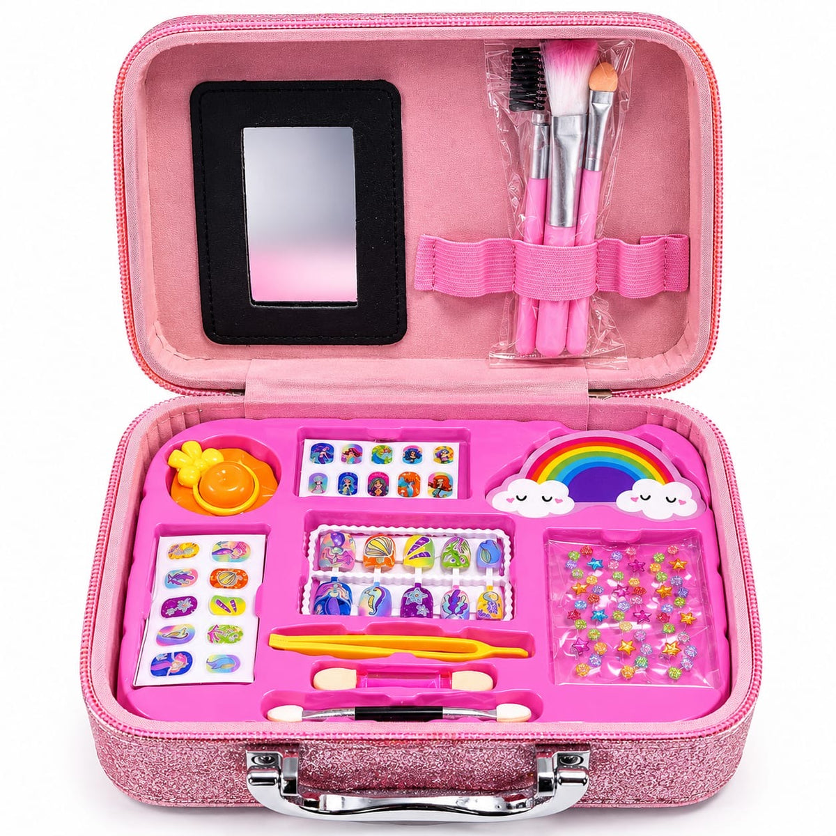 Mermaid 2-in-1 Kids Makeup and Jewelry Set - Glitter Pretend Beauty Case with Cosmetic Toy Kit for Girls