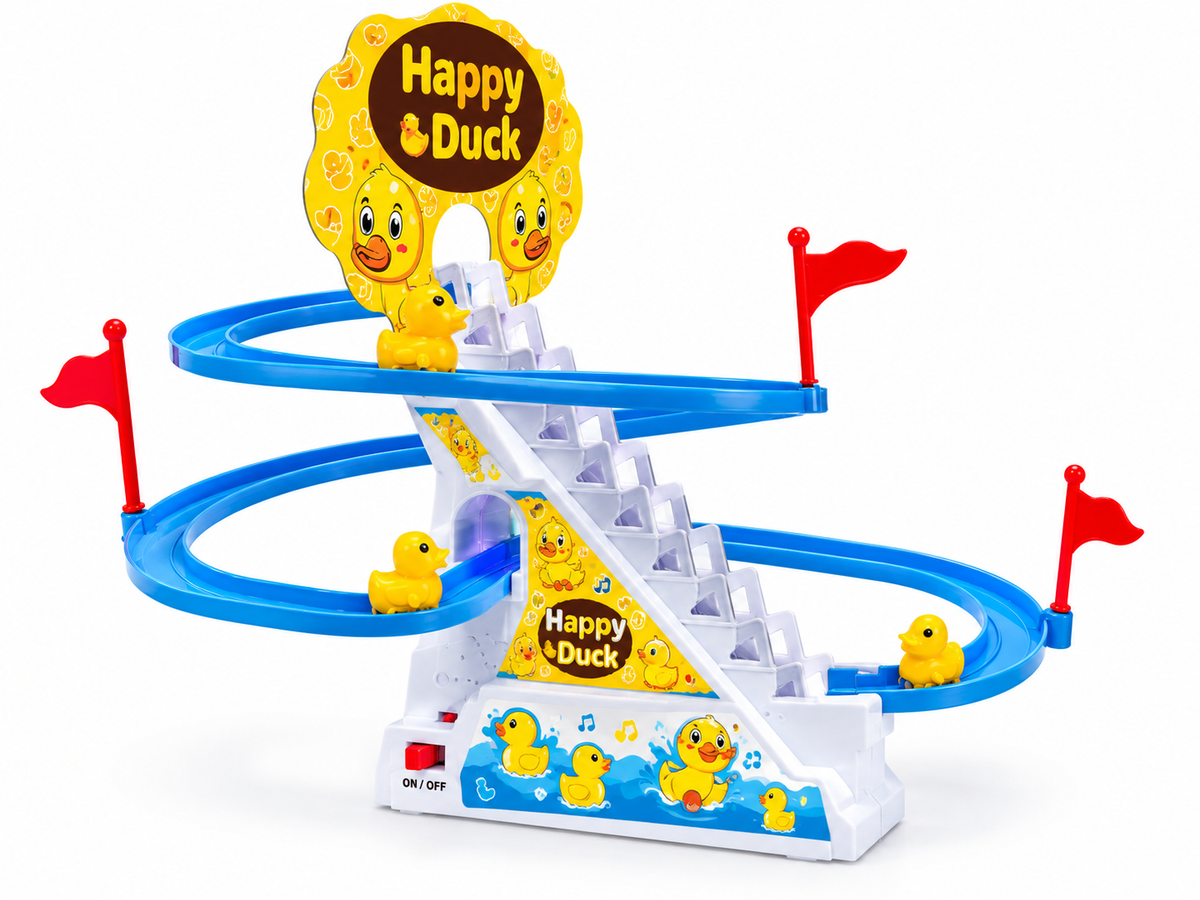 Duck Track Electric Slide Toy - Automatic Climbing Stair Duck with Music, Lights & Slide Track for Kids