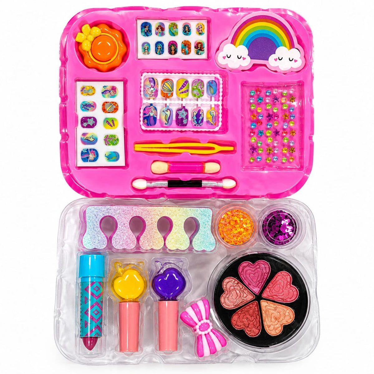 Mermaid 2-in-1 Kids Makeup and Jewelry Set - Glitter Pretend Beauty Case with Cosmetic Toy Kit for Girls