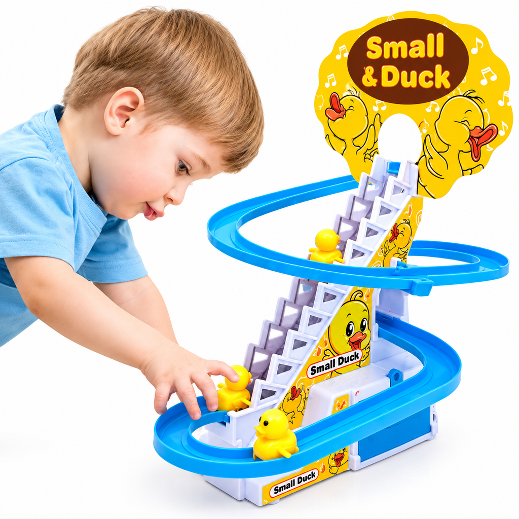 Duck Track Electric Slide Toy - Automatic Climbing Stair Duck with Music, Lights & Slide Track for Kids