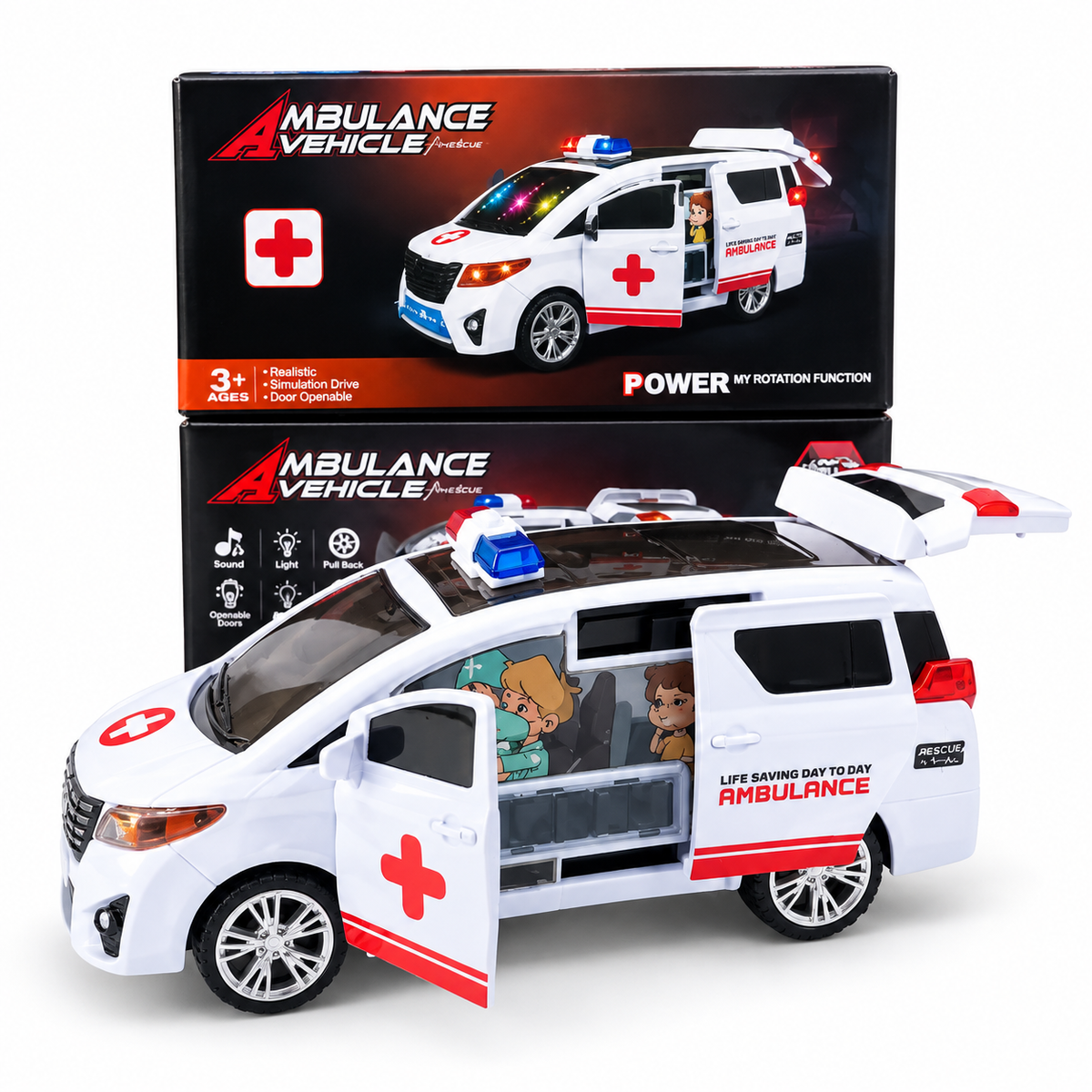Realistic Pull Back Ambulance
Toy - Rescue Vehicle with Siren Sound, LED Lights & Openable
Doors for Kids