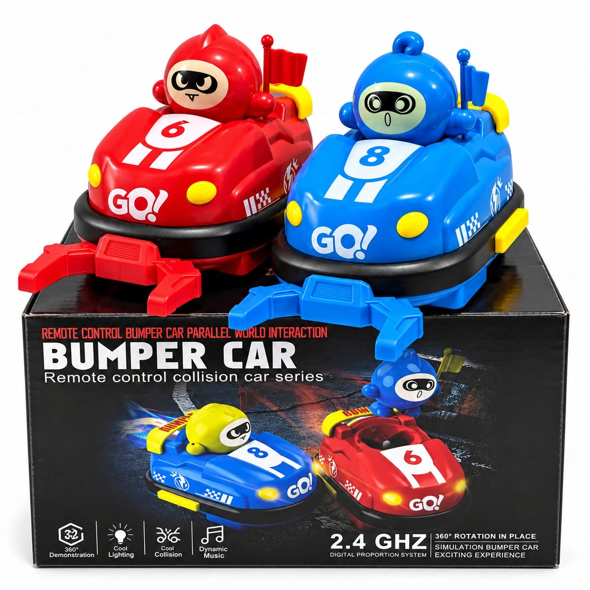 2 Pack RC Bumper Battle Cars - Remote Control Bumper Cars with
2 Drivers, 2 Remotes & Rechargeable Batteries
