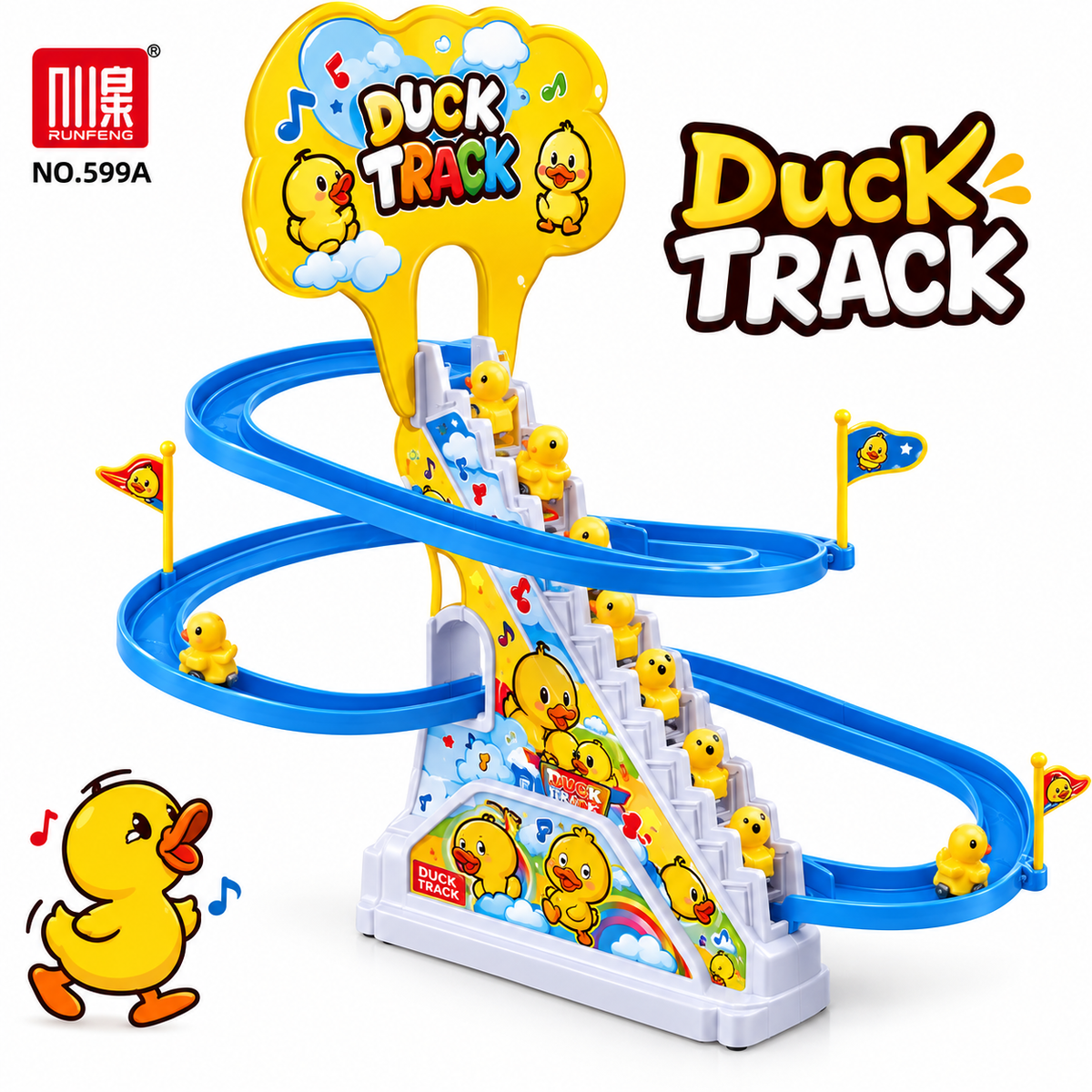 Duck Track Electric Slide Toy - Automatic Climbing Stair Duck with Music, Lights & Slide Track for Kids