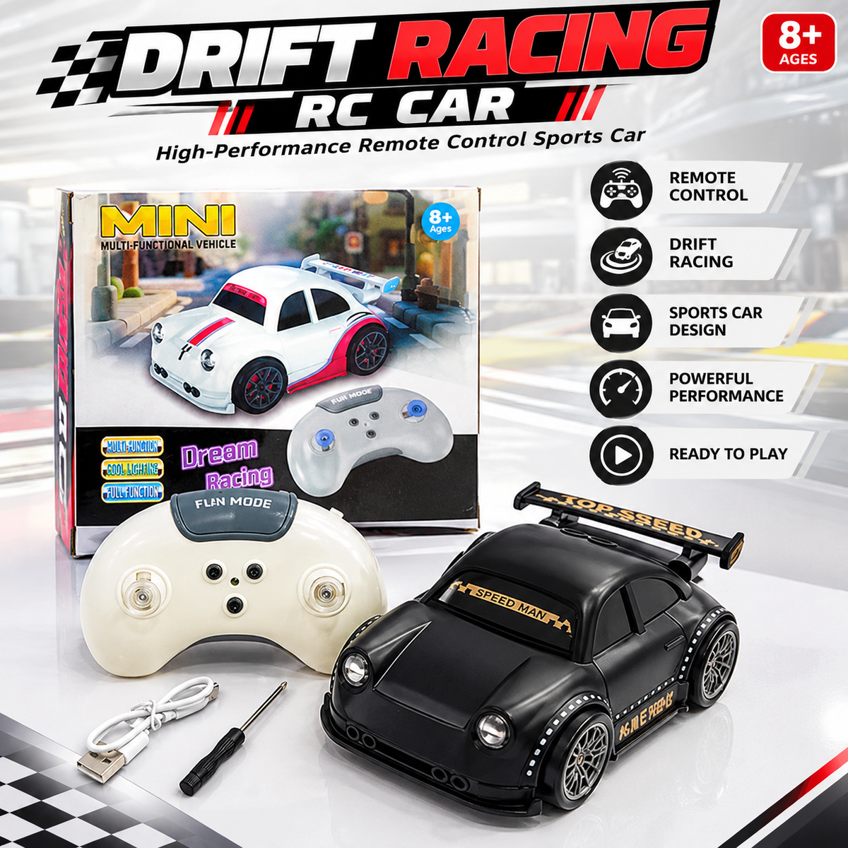 Mini Dream Racing RC Car - Multi-Functional Remote Control
Car with LED Lights, Music &
USB Rechargeable