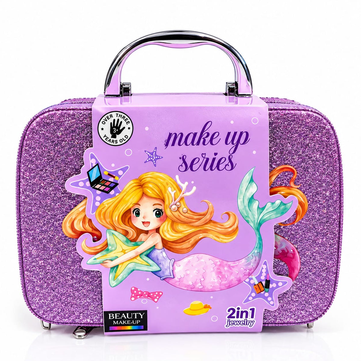 Mermaid 2-in-1 Kids Makeup and Jewelry Set - Glitter Pretend Beauty Case with Cosmetic Toy Kit for Girls