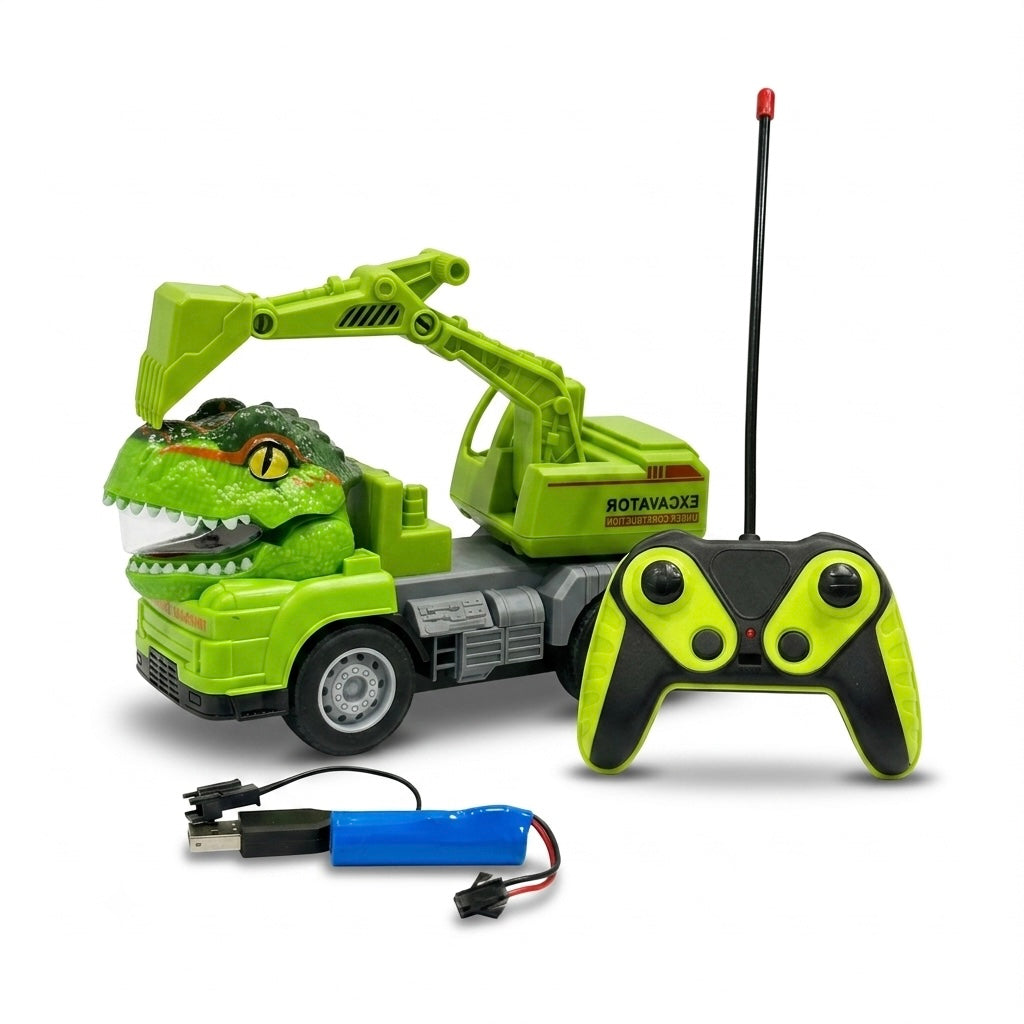 Rechargeable RC Dinosaur Construction Truck – Electric Excavator Toy with Remote Control & Lights