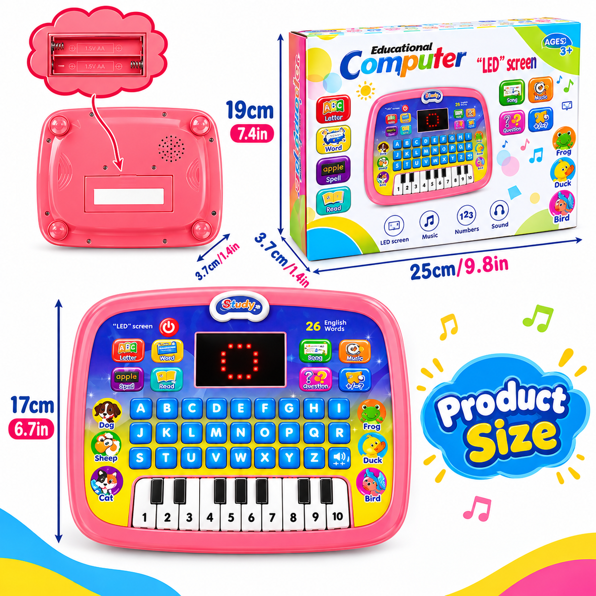 Kids Educational Learning
Computer - LED Tablet Toy with
ABC, Numbers, Piano, Music & Sounds