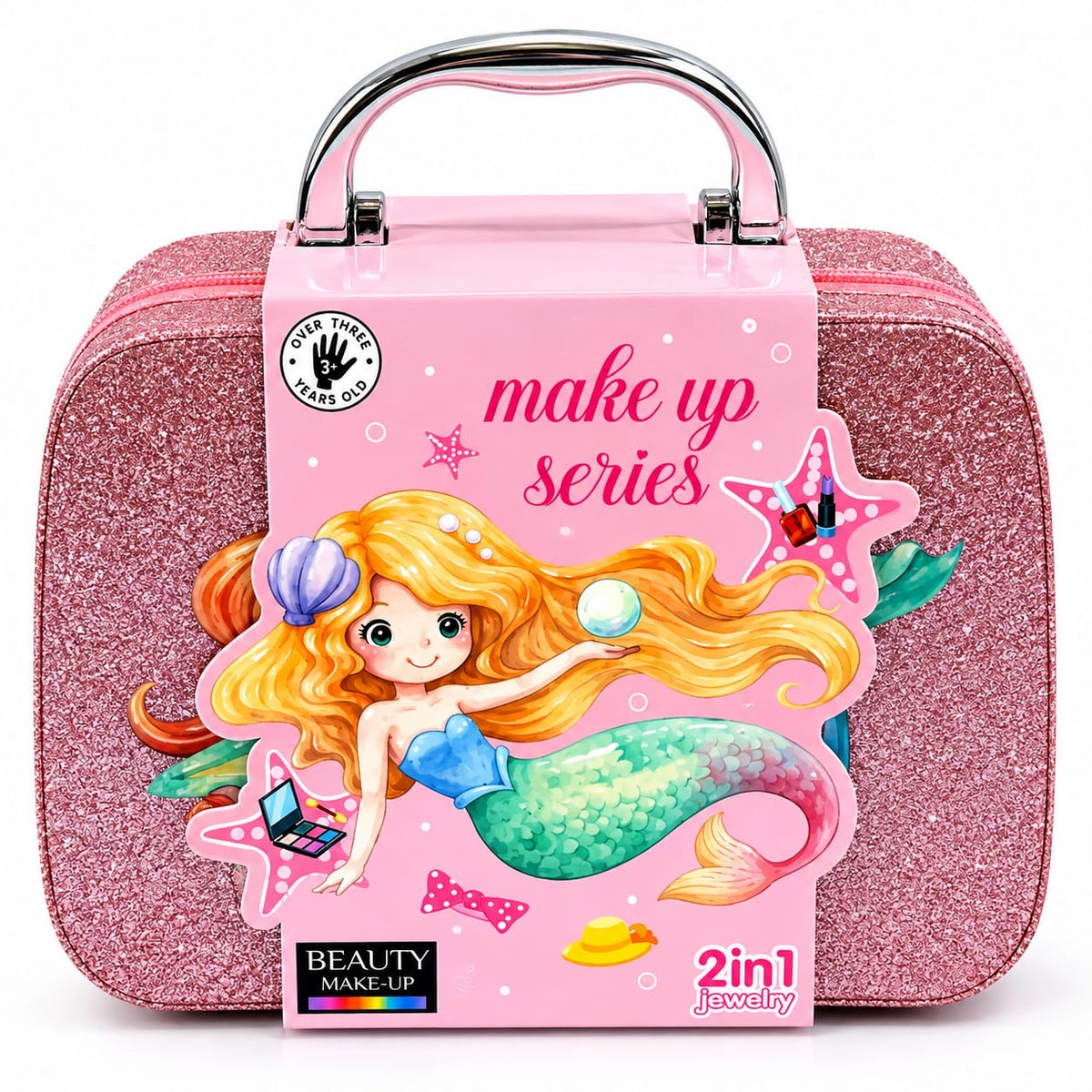 Mermaid 2-in-1 Kids Makeup and Jewelry Set - Glitter Pretend Beauty Case with Cosmetic Toy Kit for Girls