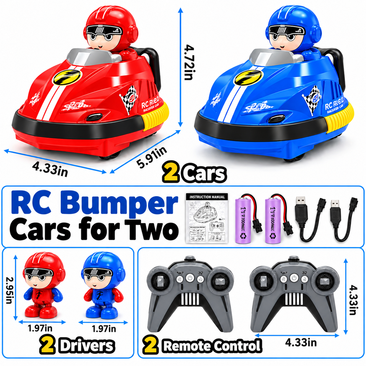 2 Pack RC Bumper Battle Cars - Remote Control Bumper Cars with
2 Drivers, 2 Remotes & Rechargeable Batteries